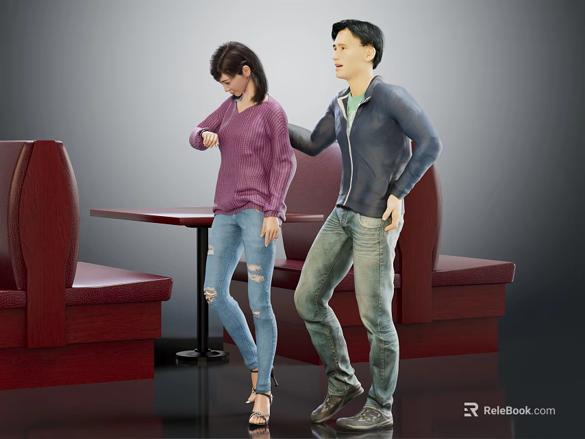 Two People Standing In Cafe With Red Sofa Seats And Wooden Table 3d model 