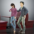 Two People Standing In Cafe With Red Sofa Seats And Wooden Table