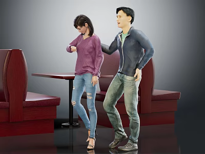Two People Standing In Cafe With Red Sofa Seats And Wooden Table 3d model