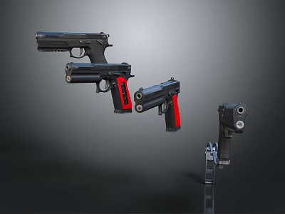 Multiple Modern Pistols With Black And Red Grips Various Designs Displayed On Dark Background 3d model