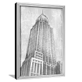 Two Framed Black And White Sketch Style Landscape Paintings With Tall Buildings