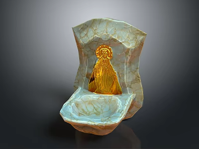Golden Statue In Shell Shaped Marble Container With White And Brown Patterns 3d model