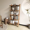 Wooden Bookshelf With Multiple Shelves Books Decorative Vases Clock Side Table And Potted Plant