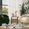 Stylish Green And Beige Single Seater Sofas With Window Plants Small Side Table And Rug 3d model