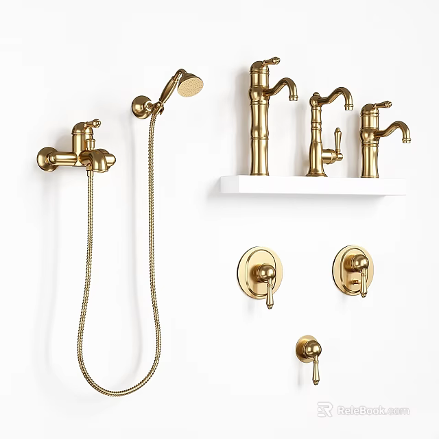 Modern Gold Bathroom Faucets With Shower Head And Wall Mounted Fixtures 3d model 