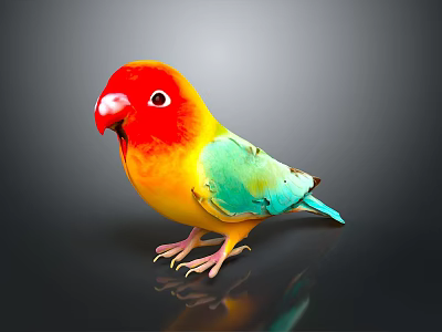 Colorful Bird With Red Head Yellow Body Green Wings Blue Tail On Dark Reflective Surface 3d model