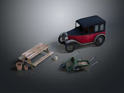 Rustic Outdoor Dining Table With Vintage Red Car Clay Pots And Green Wheelbarrow 3d model