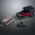 Rustic Outdoor Dining Table With Vintage Red Car Clay Pots And Green Wheelbarrow