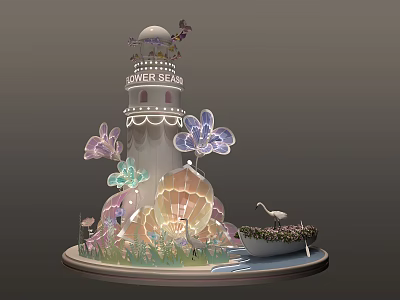 Tower Sea Themed Decorative Piece With Colorful Butterflies Seashells And Crane 3d model