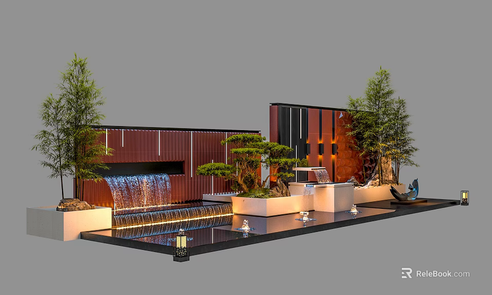 Modern Landscape Wall with Waterfall Green Plants and Pool Lighting Design 3d model