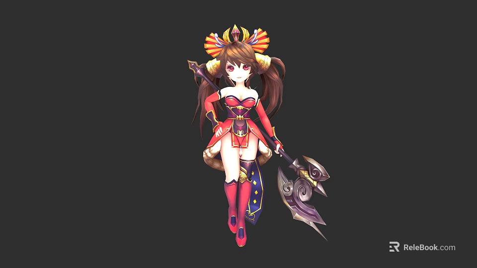 Horned Fantasy Creature Character With Twin Ponytails Red Golden Outfit And Decorative Weapon 3d model 
