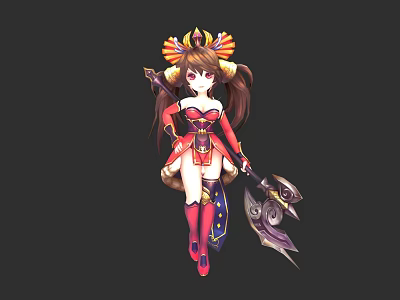 Horned Fantasy Creature Character With Twin Ponytails Red Golden Outfit And Decorative Weapon 3d model