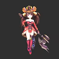 Horned Fantasy Creature Character With Twin Ponytails Red Golden Outfit And Decorative Weapon