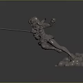 Elf Female Warrior Sculpture with Dynamic Leaping Pose Holding Sword on Rock Base 3d model