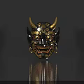 Intricate Black And Gold Traditional Mask Featuring Horns Large Eyes Fangs And Earrings