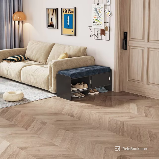 Black Padded Shoe Bench With Storage In Living Room Near Sofa And Decor 3d model 