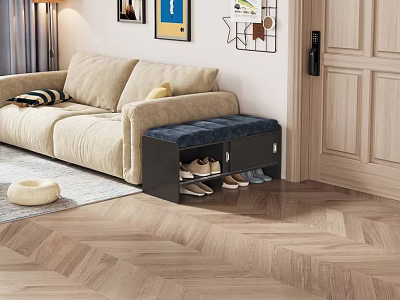 Black Padded Shoe Bench With Storage In Living Room Near Sofa And Decor 3d model