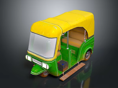 Yellow Roof Green Body Auto Rickshaw With Open Cabin Seats And Windshield 3d model
