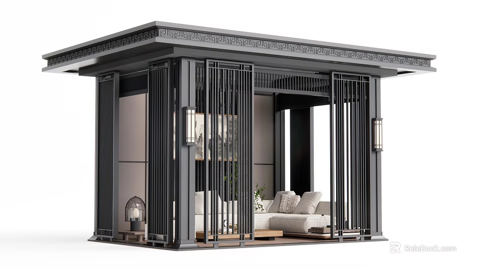 Modern Black Pergola With Slatted Design Indoor Scene Featuring Sofa Lamps And Plants 3d model 