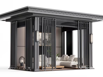 Modern Black Pergola With Slatted Design Indoor Scene Featuring Sofa Lamps And Plants 3d model