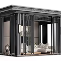 Modern Black Pergola With Slatted Design Indoor Scene Featuring Sofa Lamps And Plants