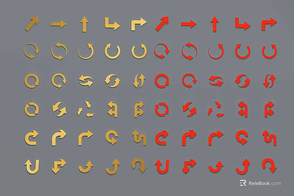 Gold And Red Decorative Arrow Ornaments With Various Directional And Circular Designs 3d model 