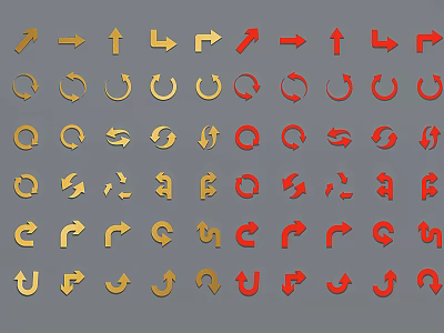 Gold And Red Decorative Arrow Ornaments With Various Directional And Circular Designs 3d model