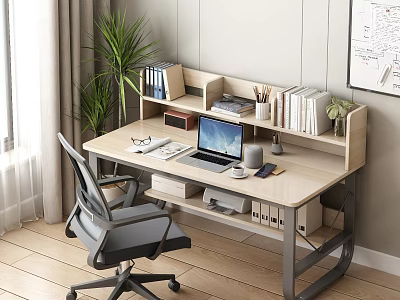 Modern Desk With Laptop Coffee Mug Books Stationery Ergonomic Chair Near Window Green Plant 3d model