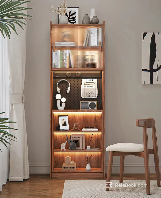 Modern Wooden Entryway Cabinet Sideboard With Layered Design Lighting And Decorations 3d model 