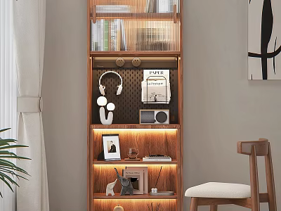 Modern Wooden Entryway Cabinet Sideboard With Layered Design Lighting And Decorations 3d model