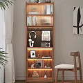 Modern Wooden Entryway Cabinet Sideboard With Layered Design Lighting And Decorations