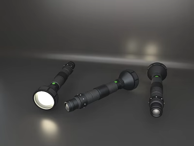 Set Of Three Black Flashlights With Illuminated Head And Green Accents 3d model