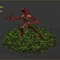 Green Clad Warrior Crouching With Axe And Bow Among Small Creatures On Grass Field