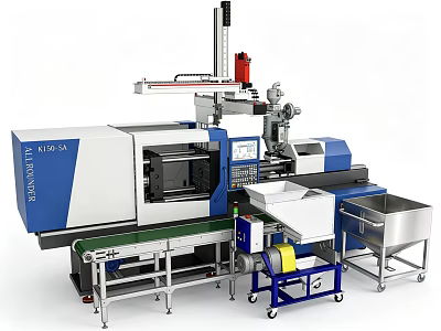 Industrial Injection Molding Equipment With Automated Robotic Arm Conveyor Belt And Control Panel 3d model