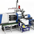 Industrial Injection Molding Equipment With Automated Robotic Arm Conveyor Belt And Control Panel