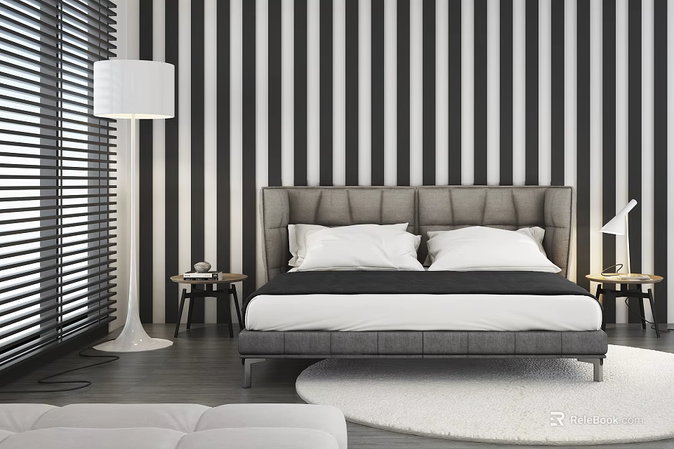 Gray Double Bed with Black and White Striped Wallpaper Blinds White Pillows and Round Rug 3d model 