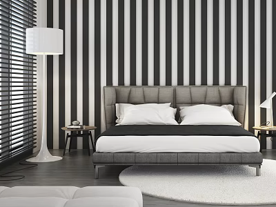 Gray Double Bed with Black and White Striped Wallpaper Blinds White Pillows and Round Rug 3d model