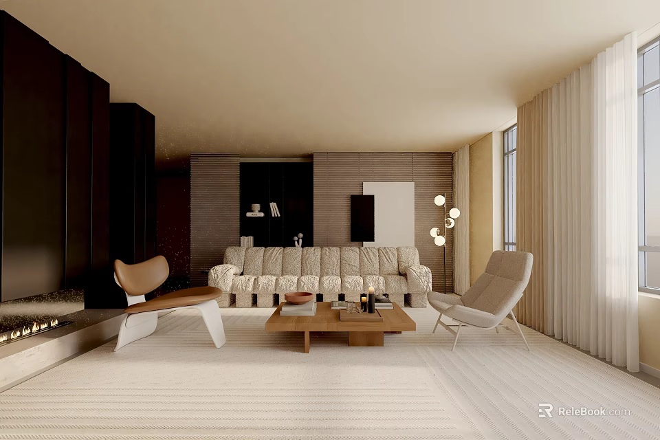Modern Living Room Interior Design With Light Sofa Chairs Coffee Table Large Windows And Curtains 3d model 