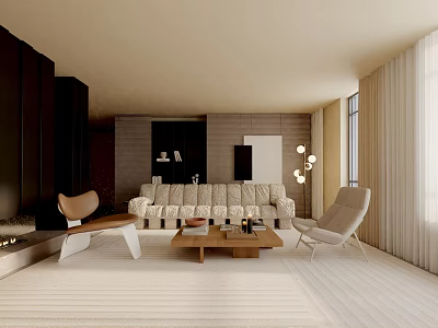 Modern Living Room Interior Design With Light Sofa Chairs Coffee Table Large Windows And Curtains 3d model