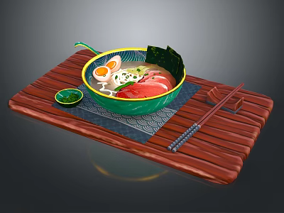 Delicious Ramen Bowl With Soft Boiled Egg Sliced Meat And Seaweed On Bamboo Tray 3d model