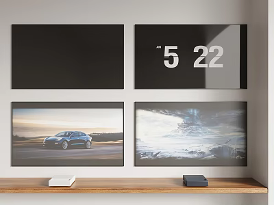 Wall Mounted TVs Four Screens Displaying Car Landscape And 5 22 On Top Right 3d model