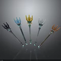 Different Colored Magic Staffs With Claw Shaped Heads And Glowing Green Tips
