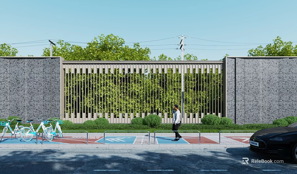 Modern Building Exterior Wall With Gray Stone And Wooden Slats Against Green Trees 3d model 