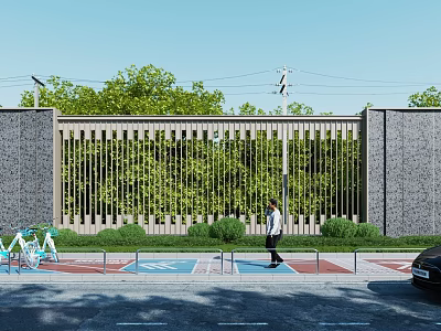 Modern Building Exterior Wall With Gray Stone And Wooden Slats Against Green Trees 3d model