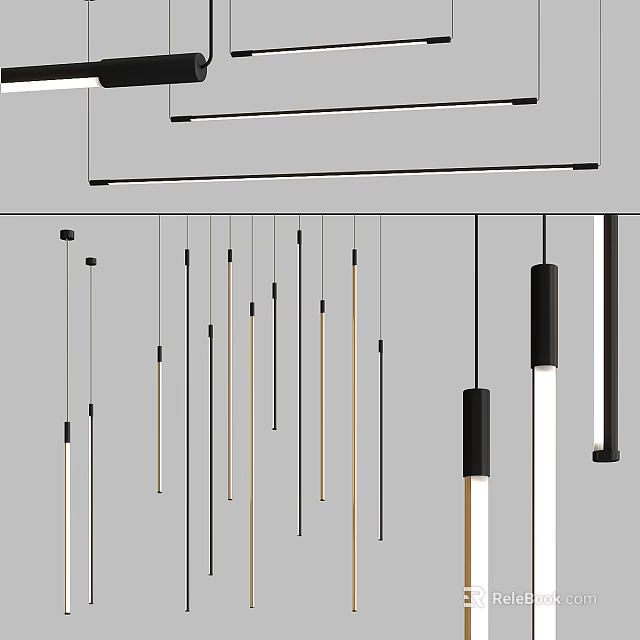 Modern Pendant Chandeliers With Black And Gold Metal Rods Hanging In Interior Space 3d model 