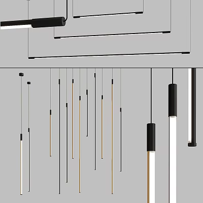 Modern Pendant Chandeliers With Black And Gold Metal Rods Hanging In Interior Space 3d model