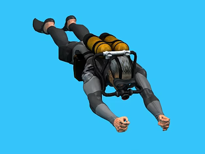 Scuba Diver In Wetsuit Floating Horizontally With Yellow Oxygen Tanks And Diving Mask 3d model
