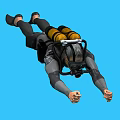 Scuba Diver In Wetsuit Floating Horizontally With Yellow Oxygen Tanks And Diving Mask