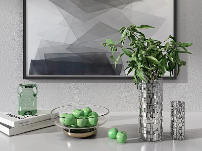 Silver Mosaic Vase With Green Plants On White Table Near Geometric Abstract Painting 3d model