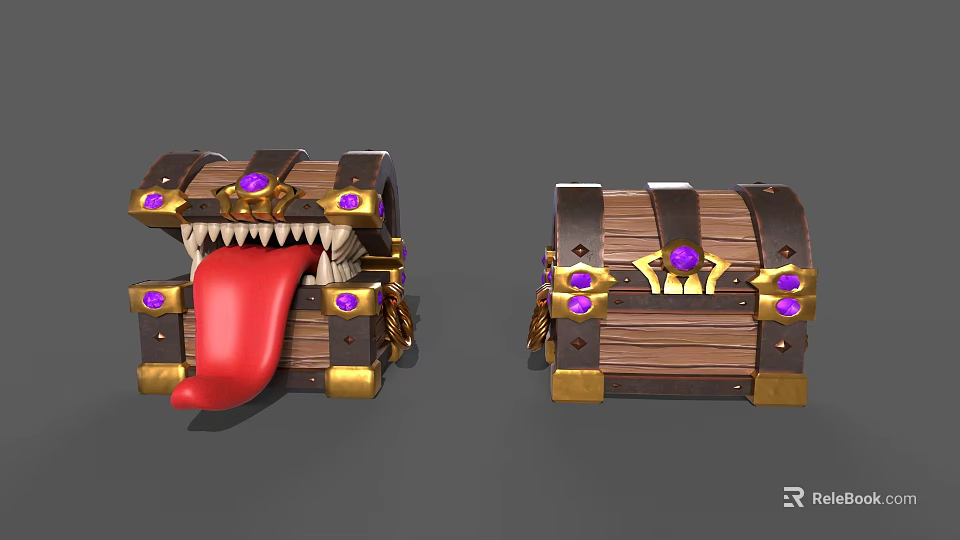 Decorative Wooden Treasure Chests With Golden Trim Purple Gems And Tongue Detail 3d model 